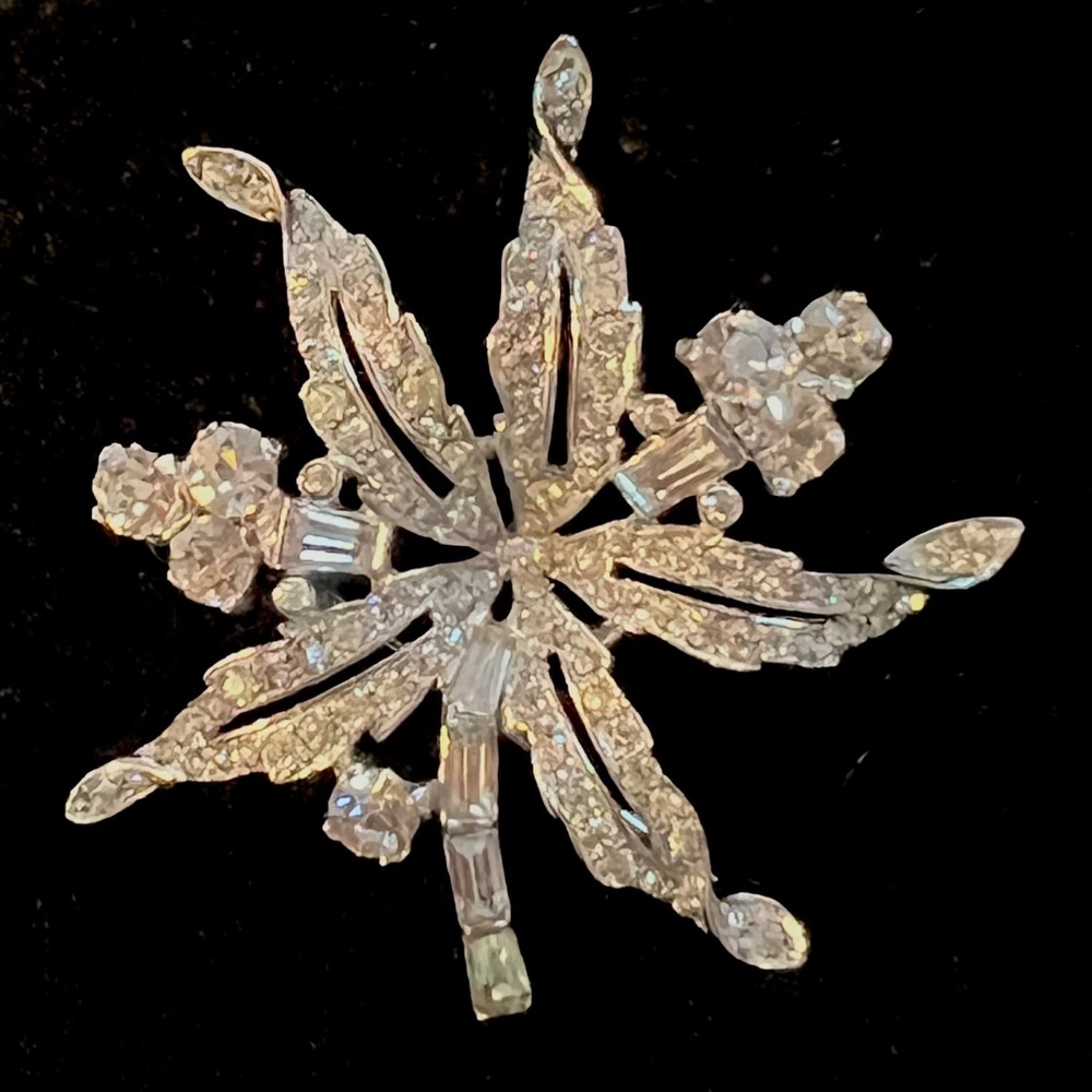 Brooch, Vintage Mazer Bros. Silver Tone Floral with Crystal Baguettes